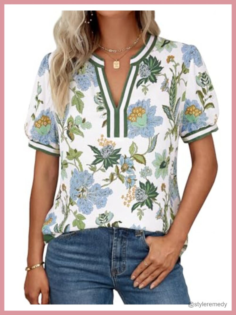 Women Boho Floral V Neck Puff Sleeve Dressy Casual Blouse Top